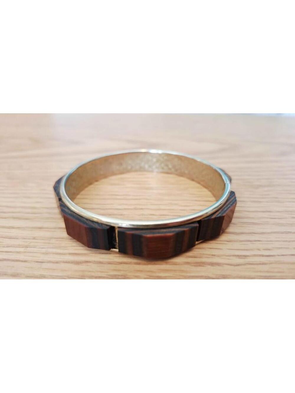 Vintage Modernist Macassar Ebony Wood & Gold Tone Solid Bangle Bracelet Faceted